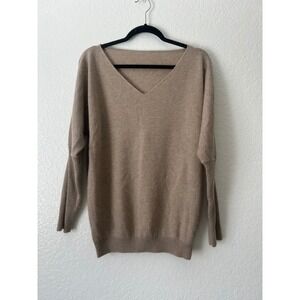 Superfine Merino Wool V Neck Oversized Sweater Beige Ribbed Sleeve‎ M Old Money